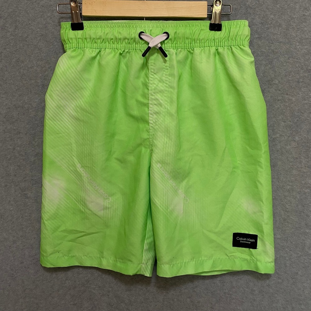 CALVIN KLEIN Boys Large 14/16 Swim Trunks Green‎ Drawstring Mesh Liner Polyester